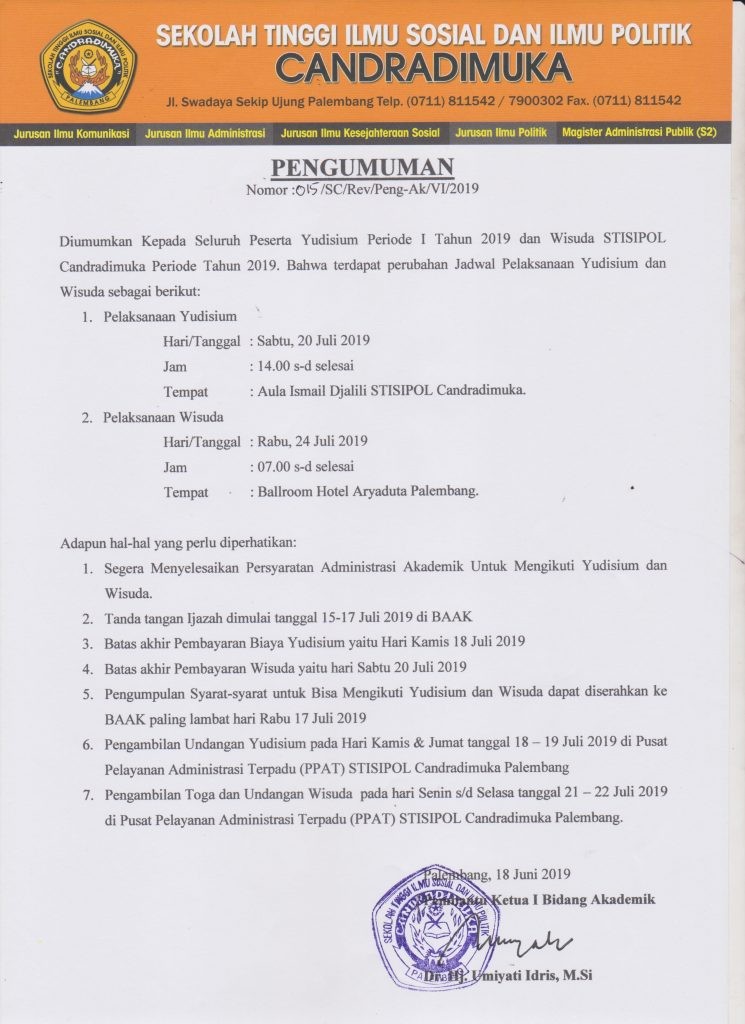 Pengumuman Yudisium & Wisuda Periode I Tahun 2019